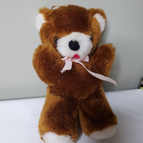 CUTE Vintage Christmas Brown Teddy Bear Plush Tree Ornament Stuffed Animal 6" - Picture 1 of 10